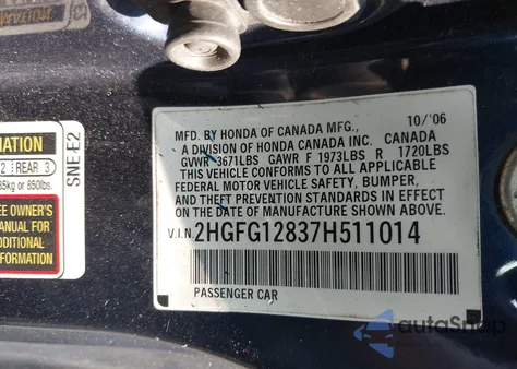 2007 Honda Civic Cpe Ex z USA, uszkodzony, nr VIN 2HGFG12837H511014